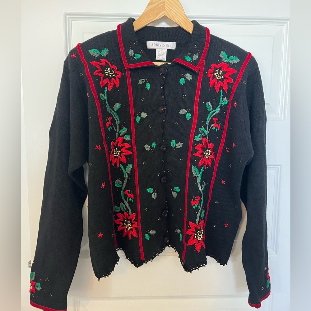 Black Embroidered Floral Christmas Holiday Cardigan Sweater